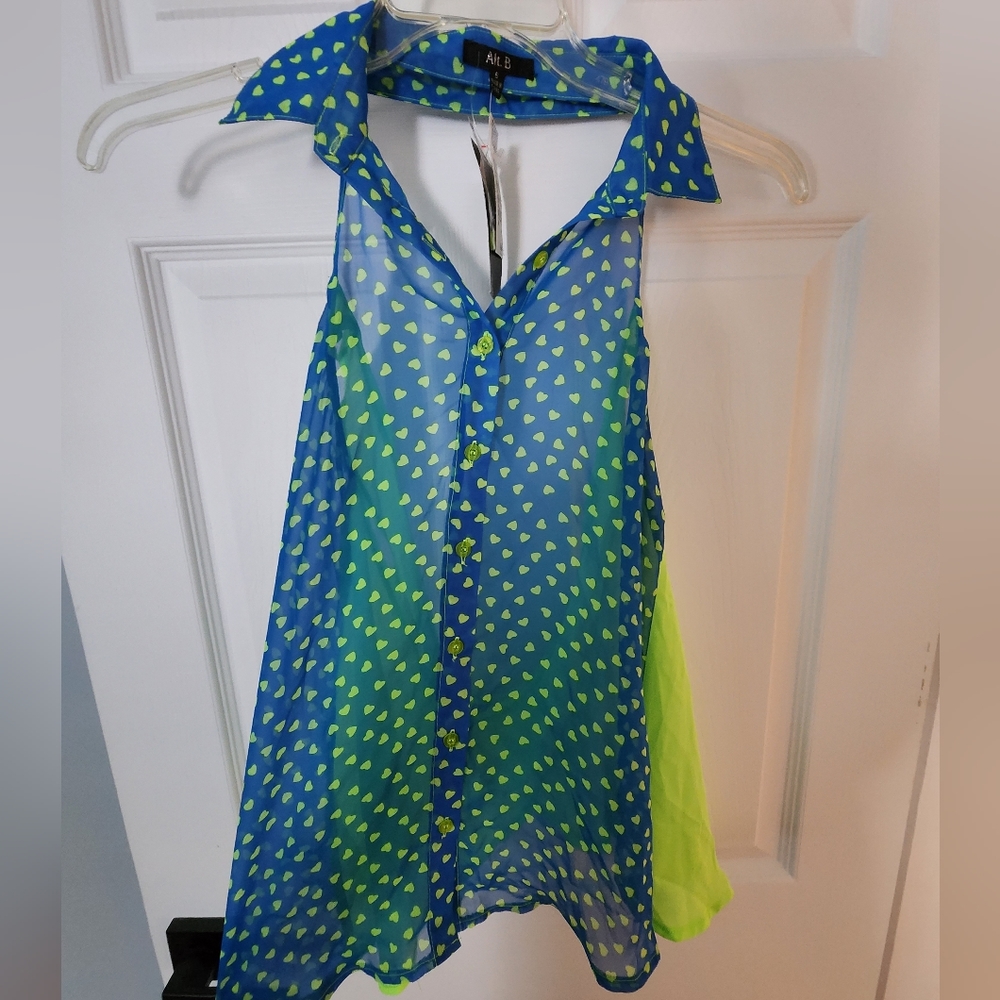 NWT Alt. B Blue Green Heart Halter Cross Back Size Small